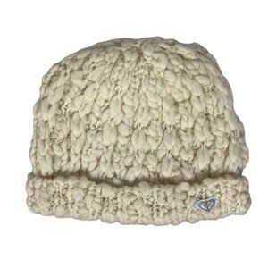 Roxy Womens Winter Hat Toboggan Cream Chunky Knit Wool Blend